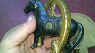 ANTIQUE Cast Iron Buster Brown & Tige Good Luck Bank with Horsehoe & Horse 7