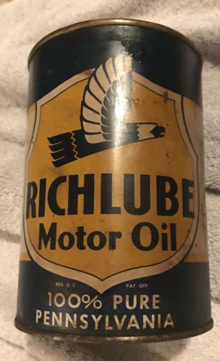 Vintage Richlube 1 Quart Motor Oil Can & Dirty Opened Nr Low Pr