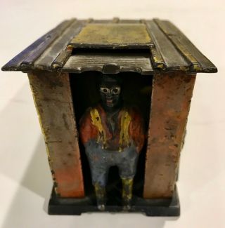 Early 1885 J & E Stevens Antique Cast Iron Bank - Black Man In Cabin