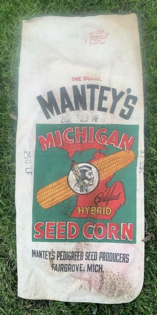 Rare Vtg Manteys Michigan Hybrid Corn Seed Feed Sack Native American Indian Sign