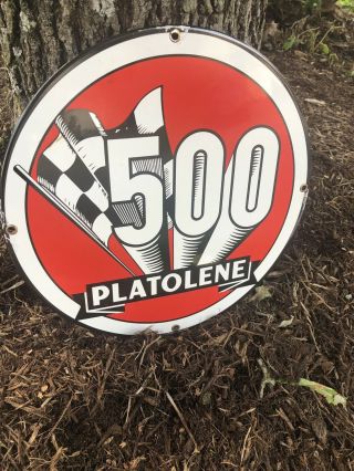 Vintage Platolene 500 Gasoline Porcelain Enamel Sign Oil Gas Pump Plate