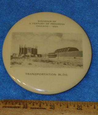 1933 Chicago World’s Fair Celluloid Paperweight Pocket Mirror Travel & Transport
