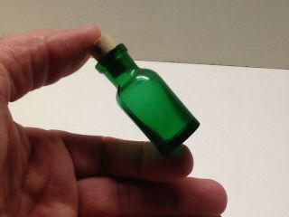 Tiny Antique Emerald Green Early Cork Top Medicine Bottle.