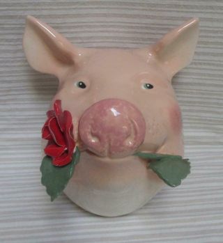 Ceramic Pink Pig Head Wall Decor With Red Rose In Mouth 1988