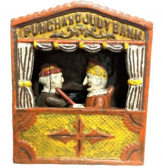 Old Mechanical Iron Cast Antique Punch & Judy Money Bank / Box / Coin Box Mb 05