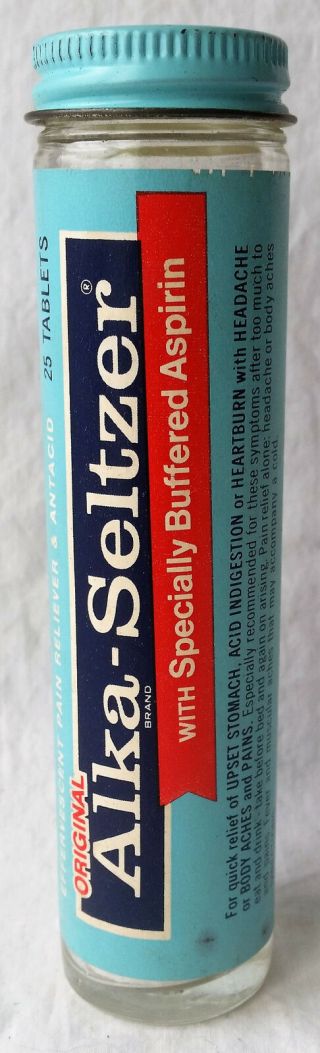 Vintage Alka Seltzer Bottle Paper Label Red Specially Flag Tin Top No Upc