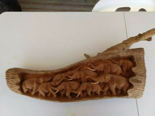 26 - Inch Carved Teak Wood Elephant Herd Sculpture/ornament