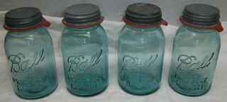 4 Vintage Blue Ball Perfect Mason Quart Jars W/ Zinc Lids & Jar Rubbers - Asst