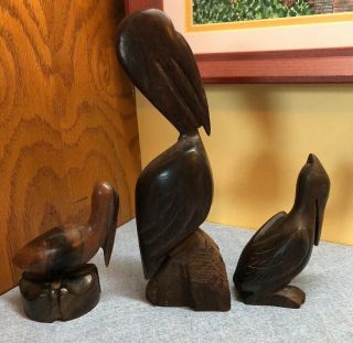 3 Vintage Solid Iron Wood Carved Pelicans Birds Figurines 4 " & 8 "