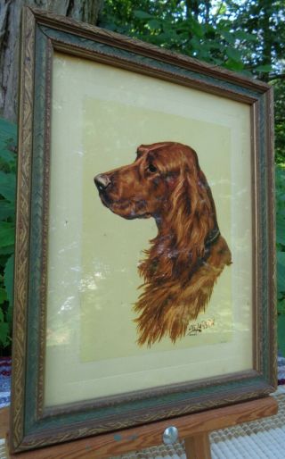 Antique Wood Framed Irish Setter Portrait Dog Signed Ole Larsen Print Goes Usa