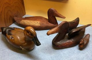 3 Vintage Hand Carved Wood Mallard Duck Decoys 12” One Signed,  All Different