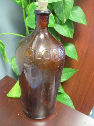 Vintage Clorox Amber Brown Embossed Glass Bottle With Cork 9 " 32oz.