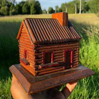 Antique 1890s Rare Unique Hand Made Folk Art Wood Log Cabin House Toy Coin Bank