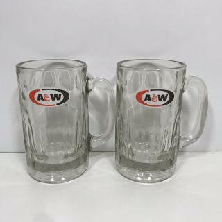 Set If 2 Vintage A & W Rootbeer Mugs 14oz Thick Clear Glass Handle 5 - 3/4” Tall