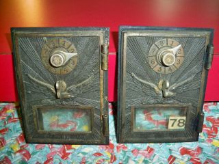 Two Antique Eagle Brass Post Office Box Doors W/ Frame & Combinations.