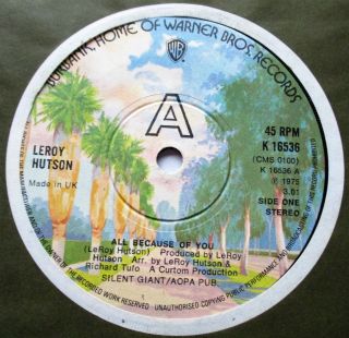 Leroy Hutson All Because Of You C/w Theme Instrumental Warner Bros1975 Scarce