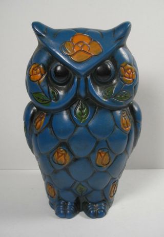 Vintage Ceramic Owl Piggy Bank Handpainted Blue With Orange Flowers 7 " Tall