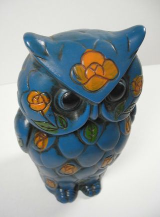 Vintage Ceramic Owl Piggy Bank Handpainted Blue With Orange Flowers 7 