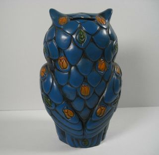 Vintage Ceramic Owl Piggy Bank Handpainted Blue With Orange Flowers 7 