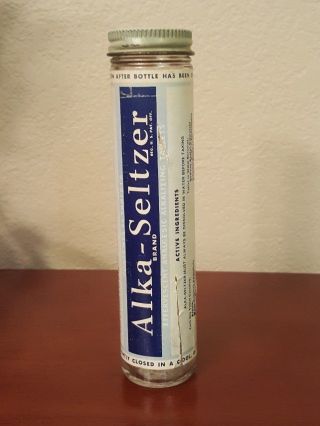 Vintage Glass Alka Seltzer Bottle Blue White Paper Label W/ 60 Cents No Upc,  Zip