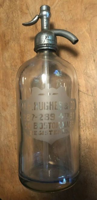 Vintage Clear Seltzer Bottle M H Hughes & Co 4th St Boston Mass Antique