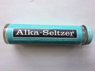 Vintage " Alka Seltzer " Glass Bottle Paper Label Tin Top