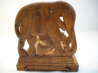 Vtg Hand Carved Elephant Wood Sliding Expandable Adjustable Bookshelf Bookends