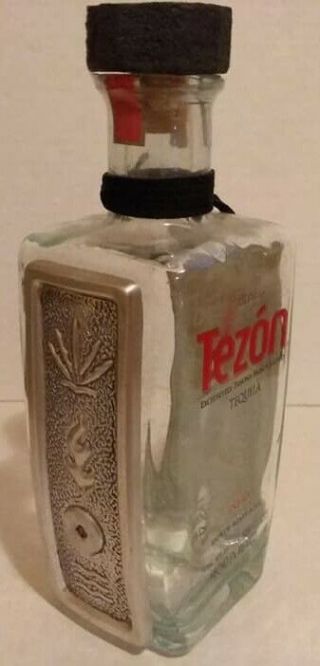 Tezon Olmeca Anejo Tequila Bottle With Metal Sides,  Cork Cap Empty 750ml Mexico