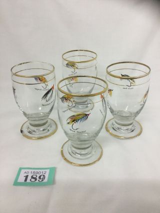 4 Vintage Glasses With Fishing Flies Illustrations 4” Tall Whisky Glasses