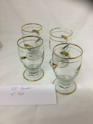 4 VINTAGE GLASSES WITH FISHING FLIES ILLUSTRATIONS 4” Tall Whisky Glasses 6