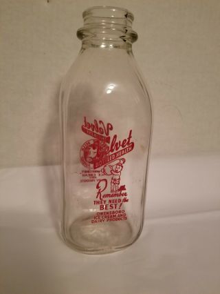 Vintage 1qt.  Velvet Owensboro,  Ky.  Milk Bottle Ice Cream Dairy Products Co.