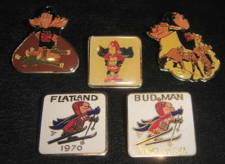 Bud Man Hat/lapel Pin Set 4,  Five Assorted Bud Man Pins