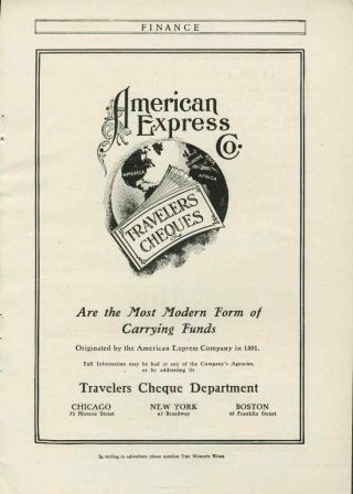 1907 American Express Company Travelers Cheques Vintage Paper Advertisement Old