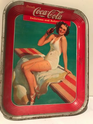 1939 Coca Cola Diving Board Pin Up Girl Advertising Metal Tray