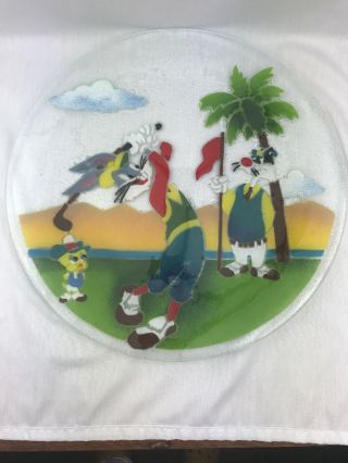 1995 Warner Bros Golf Bugs Bunny,  Tweety Bird,  & Sylvester Glass Deco Plate 14”d