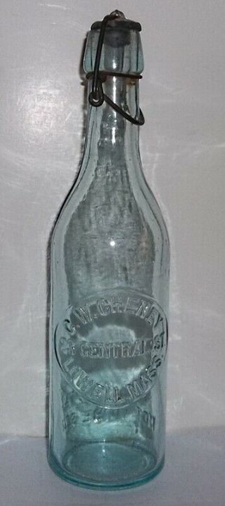 C.  W.  Cheney Lowell Ma.  Ice Blue Blob Top Soda Or Beerwith Closure