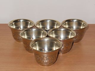 6x Antique G.  Silver Marked White Metal Shot Cups / Glasses With Etched Design