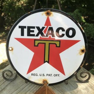 Vintage Texaco Gasoline Star ⭐️ & Green T 8 3/4 " Porcelain Metal Gas & Oil Sign