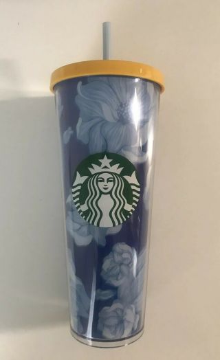 2019 Starbucks Cold Cup Floral Blue White Yellow Tumbler 24 Fl