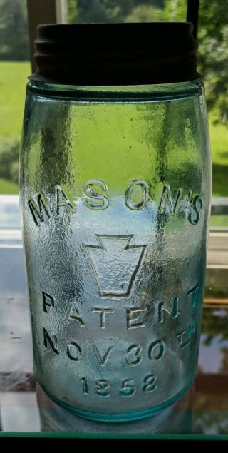Aqua Quart Mason Patent Nov 30th 1858 W/ Keystone Jar Whittling Orange Peeling