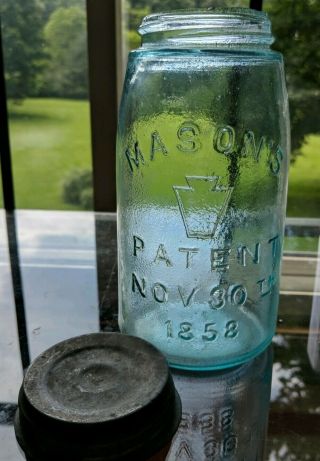 Aqua Quart Mason Patent Nov 30th 1858 w/ Keystone Jar Whittling Orange Peeling 2