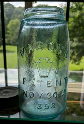Aqua Quart Mason Patent Nov 30th 1858 w/ Keystone Jar Whittling Orange Peeling 4
