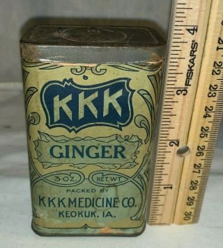 Antique Kkk Medicine Co Ginger Spice Tin Vintage Keokuk Iowa Ia Can Grocery Old