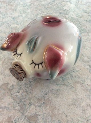 Vintage Hull Pottery 1957 " Corky Pig " Piggy Bank Pink Blue W/ Cork Nose