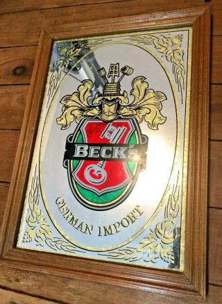 Vintage Becks Beer Mirror Wood Framed Sign German Imports Man Cave Pub Bar Sign