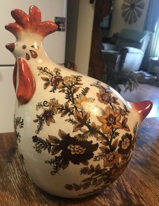 Ceramic Fat Chicken Rooster Figurine Large Floral Pattern Farmhouse Decor Home