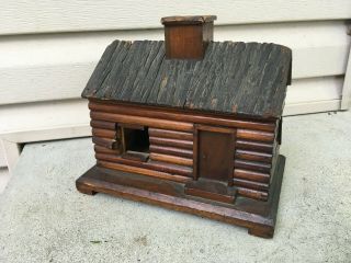 Vintage Wooden Log Cabin Coin Bank Missing Parts Rings Bell Glass Windows