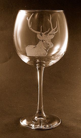 Etched Elk / Deer On Large Elegant Wine Glasses - Set Of 2