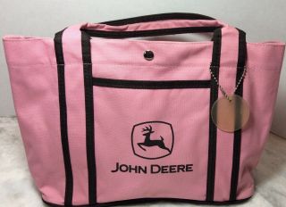 John Deere Pink And Brown Small Canvas Bag/ Purse 12 " Wide & 8 " Tall Euc