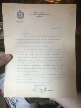 1937 Signed Letter Maine Governor Lewis O.  Barrows Portland League For Peace And